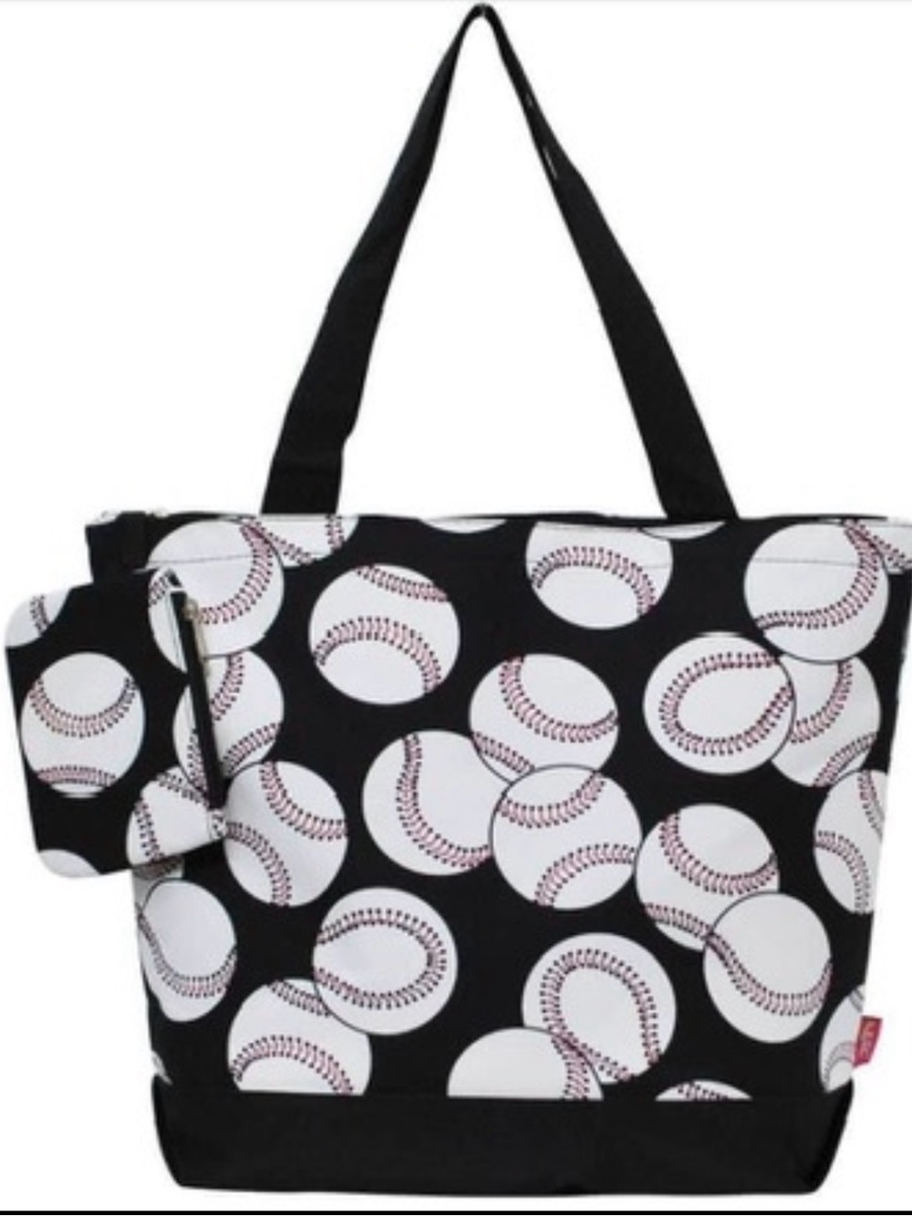 Black Baseball Print Canvas Tote Bag with Coin Pouch